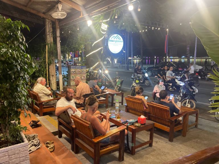 Outdoor patio seating with river views